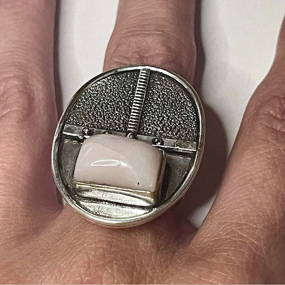 New Artisan Pink Opal Gemstone 925 Sterling Silver Tribal Shield Ring Size: 7.25